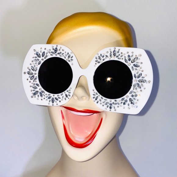 Giant Glam Girl White Rhinestone Encrusted Oversized Sunglasses - Picture 2 of 6